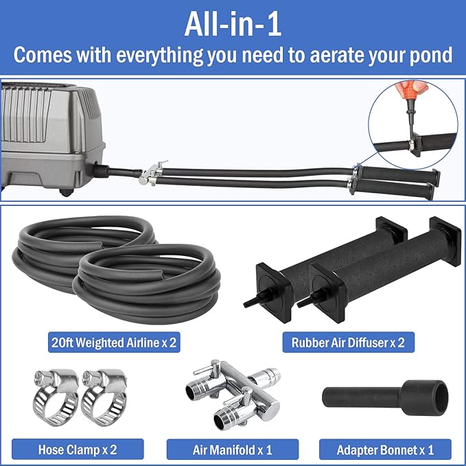 AquaMiracle All-in-One Koi Pond Aerator for Outdoor Ponds, Pond Air Pump Pond Aeration System with Self-Sinking Airline Flow Control Rubber Air Diffuser-PawvioPets