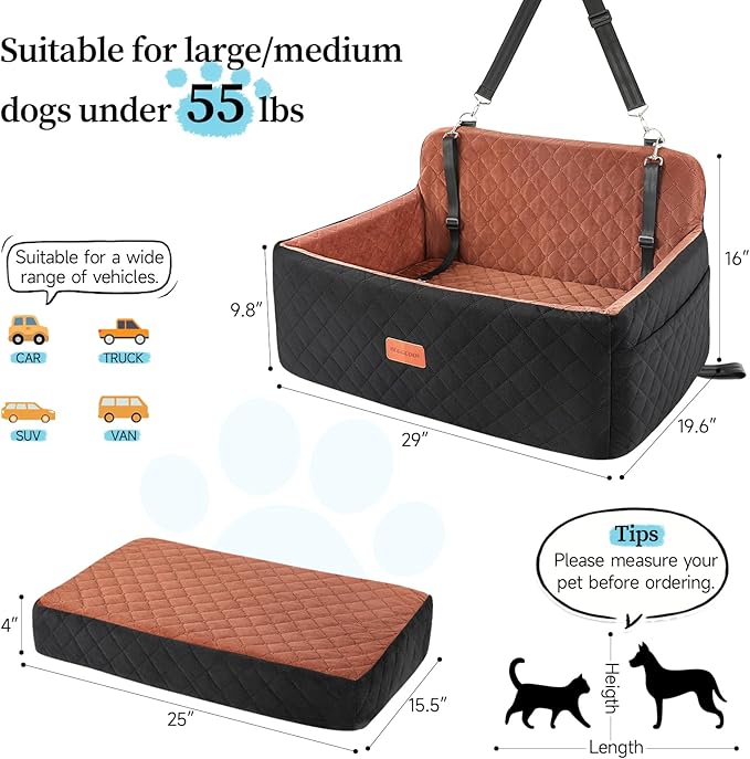 Dog Car Seat for Medium/Large Dogs, Pet Booster Seat for Under 55 lbs or 2 Small Dogs, Detachable & Washable Dog Car Bed for Backseat with 2 Safety Leashes(Black/Brown)-PawvioPets