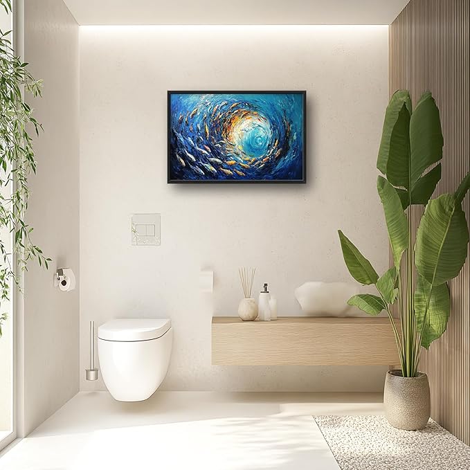 Extra Large Framed Abstract Ocean Fish Wall Art,Oversized Blue Sea Nautical Fish Wall Decor Pictures for Living Room,Canvas Print Painting Modern Artwork Bedroom Office Bathroom Home Decor 36L x24W-PawvioPets