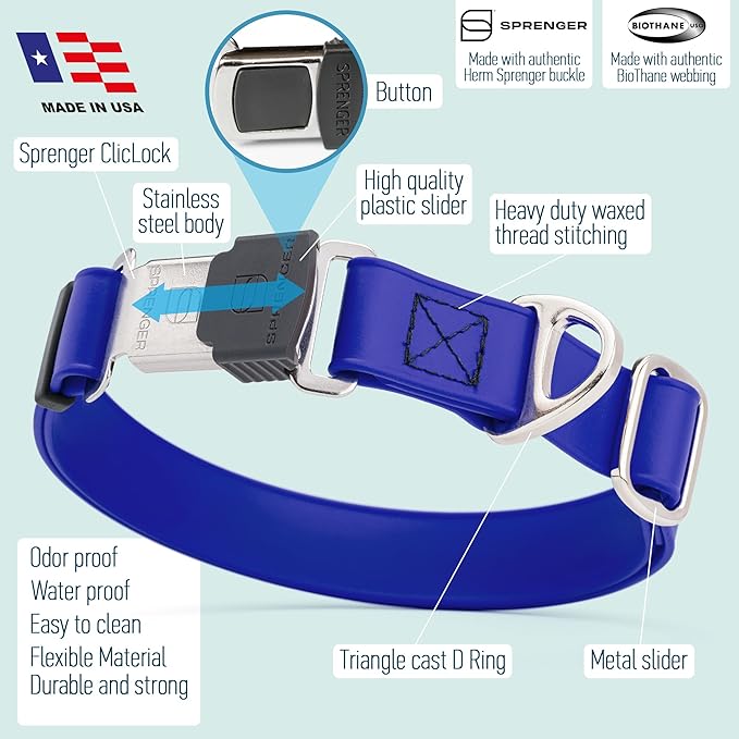 Dogline Biothane Waterproof Dog Collar with Herm Sprenger Stainless Steel Quick Release Buckle – Heavy Duty Tactical Durable Collar for Dogs – Comfortable and Safe Pet Collar W 3/4" L 12-19" Blueberry-PawvioPets