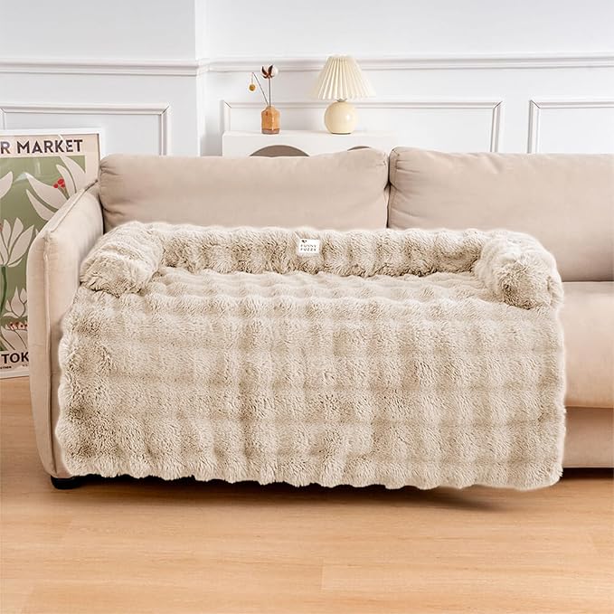 FUNNY FUZZY Pet Fluffy Plush Calming Dog Couch Bed Sofa Protector Washable Pets Mat for Large Medium Small Dogs and Cats (Coffee,47.24 × 37.4 × 6.3 in)-PawvioPets