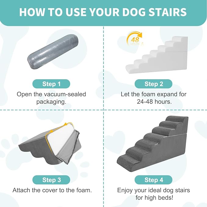 7-Step Dog Stairs for High Bed - 29.5" Adjustable Dog Ramps for Couch, Non-Slip Sturdy Pet Steps for Small Dogs, Washable Cover, Removable Modular Design, Dual 11.8” & 17.7” Steps for Custom Height-PawvioPets