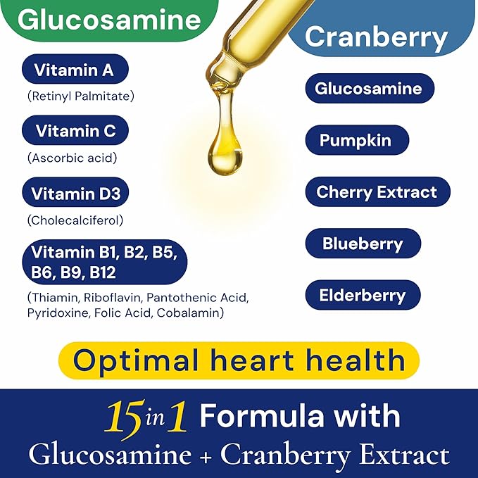 Advanced 15-in-1 Multivitamin for Dogs & Cats - Premium Liquid Supplement with Glucosamine, Vitamin B Complex and Cranberry for Joint, Digestive, Skin, Immune & UTI Support - 2.0 Fl Oz - Made in USA-PawvioPets