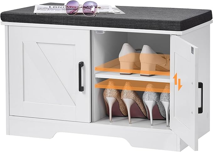 2-Tier Storage Bench, Shoe Bench with Padded Seat Cushion, Entryway Bench with 2 Barn Doors, Adjustable Shelf, 13.8" D x 27.6" W x 17.7" H, for Entryway, Living Room, Bedroom, White-PawvioPets