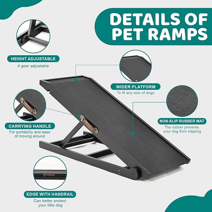 Dog Ramp for Bed, Adjustable Pet Ramps for Dog to Get on Bed, Non-Slip Rubber Surface - Folding Wooden Dog Ramp for Small/Large/Old Dogs, Adjustable up to 19.5 inch High Beds-PawvioPets