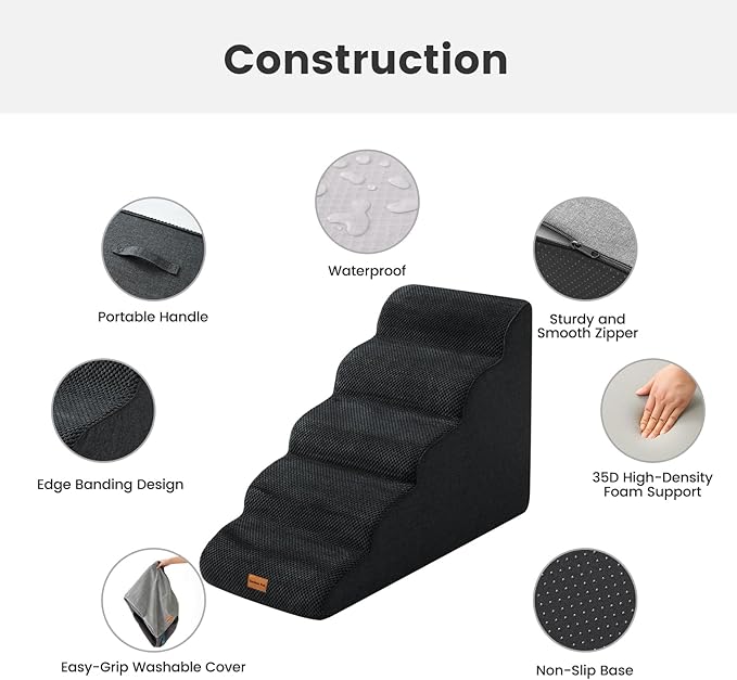 Gardner Pet Dog Stairs for Small Dogs 22.8" H, 5-Step Black Curved Pet Stairs, Dog Steps for High Bed, Couch (24-30 in) with Durable Non-Slip Waterproof Fabric Cover and CertiPUR-US Certified Foam-PawvioPets