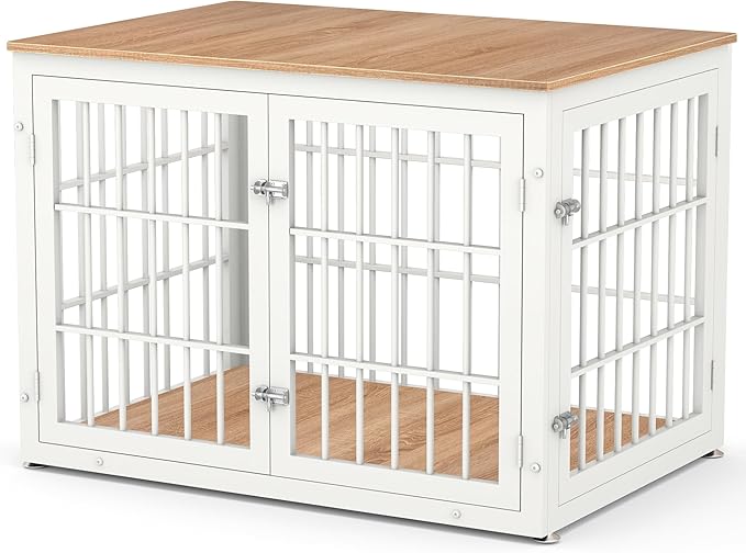 42 Inch Heavy Duty Dog Crate Furniture for Large and Medium Dogs, Decorative Pet House End Table, Wooden Cage Kennel Furniture Indoor, Natural and White-PawvioPets