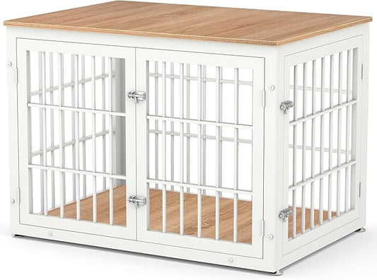 42 Inch Heavy Duty Dog Crate Furniture for Large and Medium Dogs, Decorative Pet House End Table, Wooden Cage Kennel Furniture Indoor, Natural and White-PawvioPets