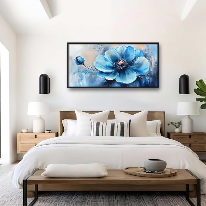 Extra Large Abstract Blue Flower Framed Wall Art for Living Room,Oversized Elegant Floral Pictures Wall Decor,Canvas Print Painting Modern Artwork Bedroom Office Bathroom 60L" x 30W"-PawvioPets