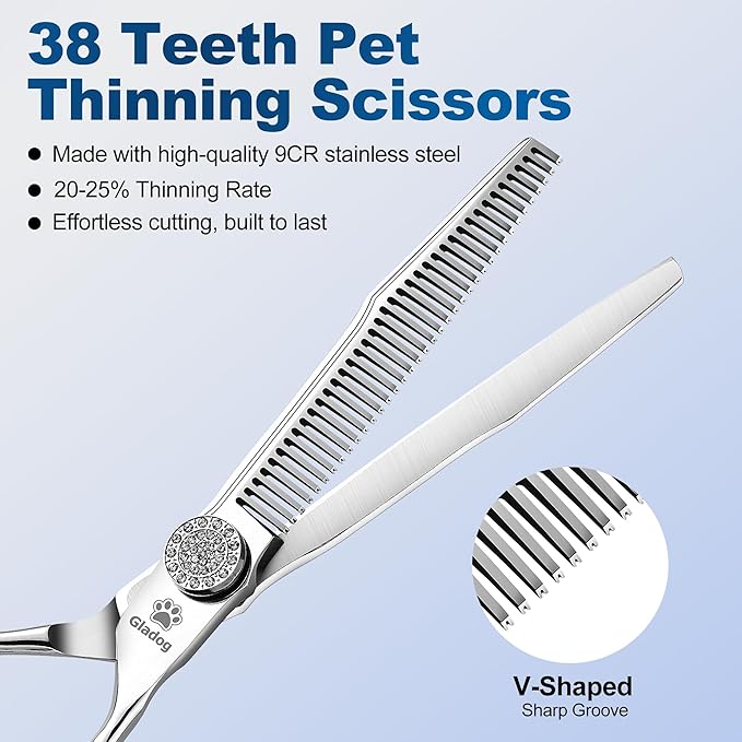 GLADOG 6.5" 9CR Thinning Shears for Dogs - Professional Dog Thinning Scissors with Luxurious Diamond Pivot Nut, Ideal Dog Grooming Scissors for Reducing Bulk, Dog Shears，Dogs Scissor for Grooming-PawvioPets