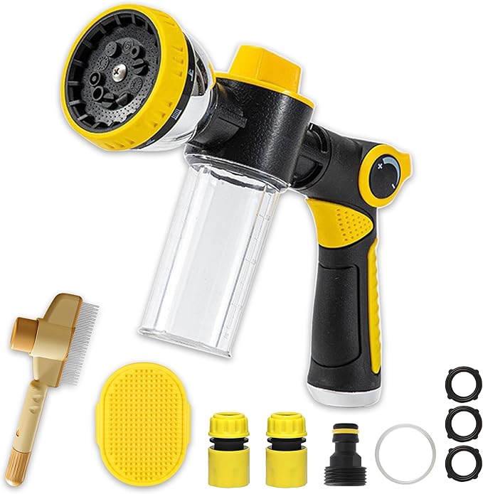 Dog Wash Hose Attachment, 10-in-1 Spray Mode Pet Shower Soap Sprayer with Grooming Comb Rubber Brush, Hose Nozzle with 100cc Soap Dispenser, for Watering, Car Wash, Dog and Horse Showering (Yellow)-PawvioPets