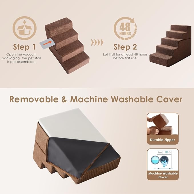 EHEYCIGA Dog Stairs for High Bed 22.5" H, 5-Step Dog Steps for Bed, Pet Steps for Small Dogs and Cats, Non-Slip Balanced Pet Ramp Indoor, Brown-PawvioPets