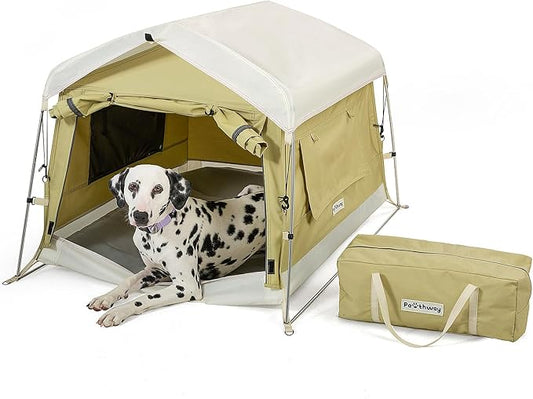 Dog Tent Cotton Fabric, Aluminum Poles and Camping Mat, Outdoor Weatherproof, Dog House Outdoor, Breathable with 2 Side Windows, Portable and Collapsible (Green, Large)-PawvioPets