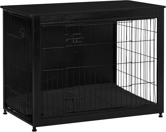 DWANTON Dog Crate Furniture with Cushion, Wooden Kennel Table with Double Doors, Indoor Dog House, Large Size, 38.5" L, Black-PawvioPets