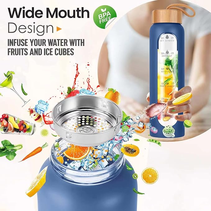 Aqulea Glass Water Bottles 25 Oz with Silicone Sleeve - BPA Free Reusable Wide Mouth Glass Motivational Water Bottles with Fruit Infuser – Leak Proof Borosilicate Water Bottle with Time Marker (Blue)-PawvioPets