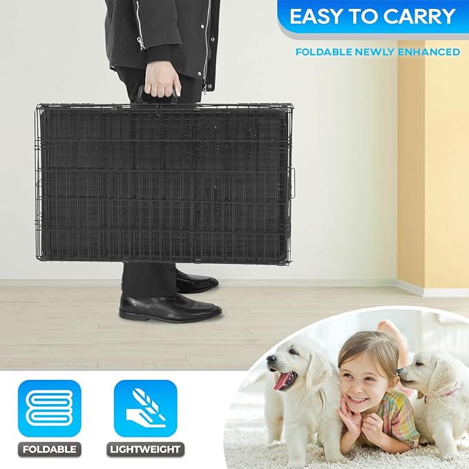 FDW Dog Crate for Small Dogs 18 Inch Folding Metal Wire Pet Cage Double Door W/Divider Panel Indoor Outdoor Kennel Leak-Proof Plastic Tray,Black-PawvioPets