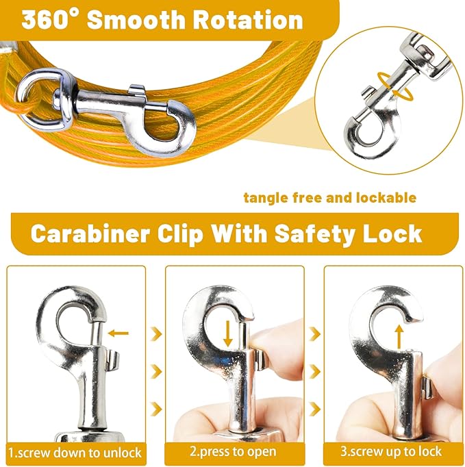 Dog Tie Out Cable 10/15/20/25/30 FT Runner for Yard Steel Wire Cable with Durable Superior Clips Yellow Chains for Outside Dog Lead for Large Up to 165 Lbs-PawvioPets