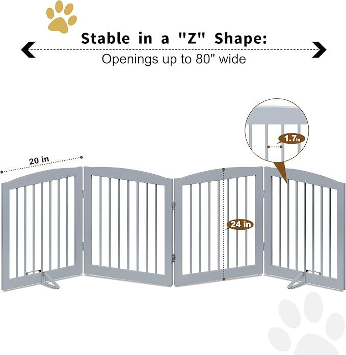 Freestanding Pet Gate - Foldable Wooden Dog Gate for House, Indoor, 80 Inch Wide, 4 Panels 24", Grey-PawvioPets