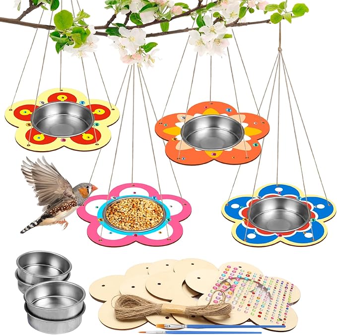Fennoral 4 Pack Bird Feeder Kits for Kids Make Your Own Bird Feeders Wooden Art and Craft for Girls Boys Ornaments DIY to Paint Craft for Spring Garden Outdoor Decoration Summer Activities Project-PawvioPets