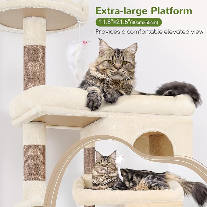 Globlazer Heavy Duty Cat Trees for Large Cats, Sturdy 72in Maine Coon Cat Tree for Large Cat 20 lbs+ Heavy Duty Cat Tower for Adult Biggest Cats with 6 Scratching Posts, Hammock, S72, Beige-PawvioPets