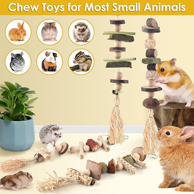 4 Pcs Bunny Chew Toys for Teeth, Hanging Rabbit Chewing Toy Treats with Timothy Grass & Natural Apple Wood, Improve Small Rodent Dental Health for Guinea Pig Hamster Chinchilla Rat Gerbil-PawvioPets