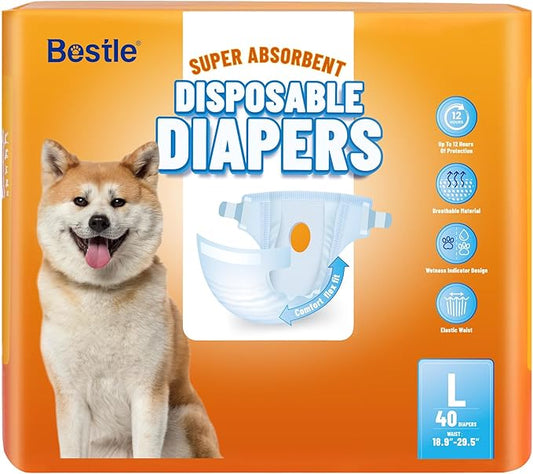 Disposable Female Dog Diapers, 40 Count, L (Waist 26.8”-29.5”), Wetness Indicator, Ultra Protection, Leak Proof, Super Absorbent, Soft-PawvioPets