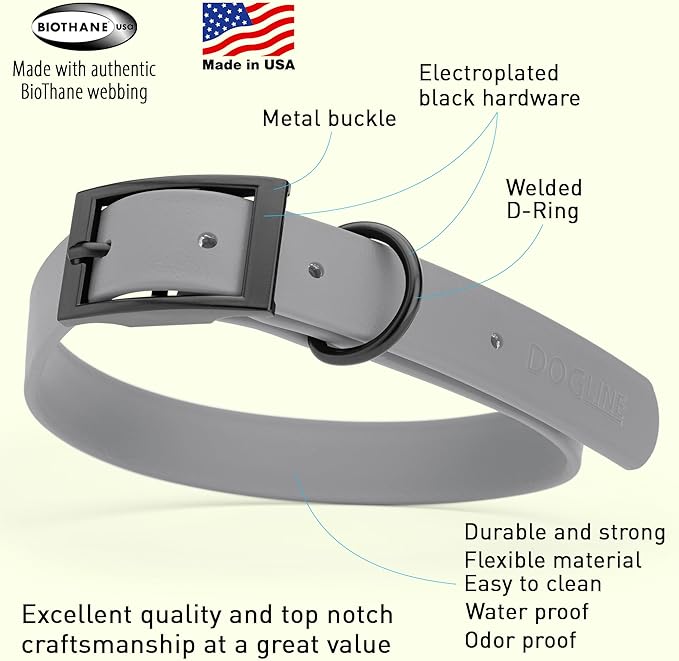 Dogline Biothane Waterproof Dog Collar Strong Coated Nylon Webbing with Black Hardware Odor- Proof for Easy Care Easy to Clean High Performance Fits Small Medium or Large Dogs, Battleship Gray-PawvioPets