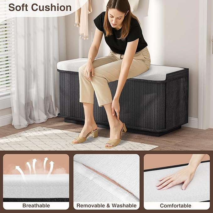 Dark Grey 39.4" W 2-Tier Shoe Bench with Storage | Entryway Bench with Padded Cushion, Sliding Doors & 5 Hooks-PawvioPets