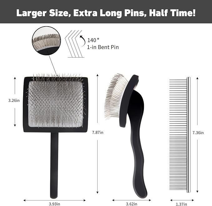 Dog Slicker Brush for Shedding and Grooming Medium or Long Haired Cats, Extra Long & Soft Pin Slicker Brush for Removes Loose Hair, Tangles, Knots, Undercoat, Free Pet Comb, Large Black-PawvioPets