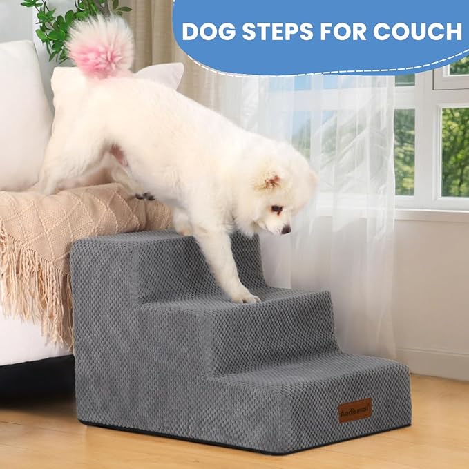 Dog Stairs for Small Dogs & Cats, 3-Step Non-Slip Pet Steps for Couch Sofa and Chair, Grey, 13.6" H-PawvioPets