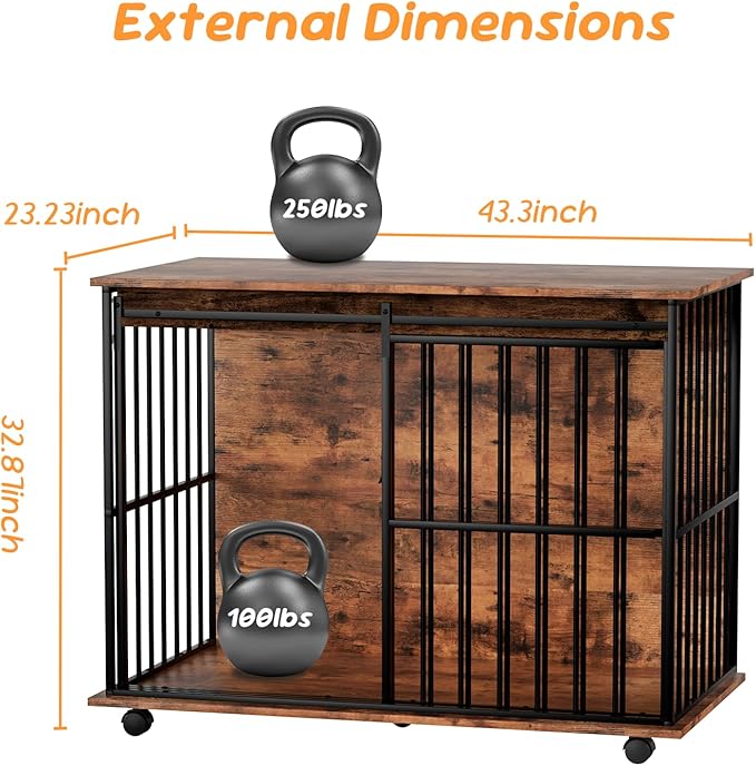 43.7" Dog Crate Furniture, XL Dog Crate Dog Kennel Indoor with Wheels for Large Medium Small Dogs, Wooden Dog Kennel End Table with Sliding Door Wooden Furniture Crates for Living Room, Bedroom-PawvioPets