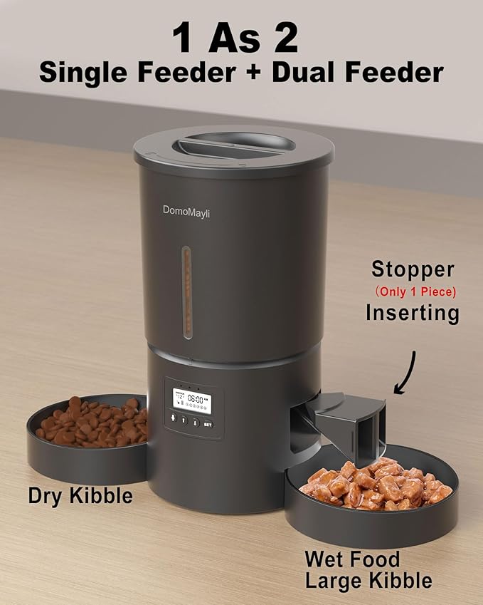 Automatic Dual Cats Feeder for 2 Cats,6 Meals/Day,12 Portions/Meal,Dual Power Auto Pet Feeder Dry Food Dispenser,Flexible Schedule Timer 10S Voice Record (Black, ABS Dual Bowls)-PawvioPets