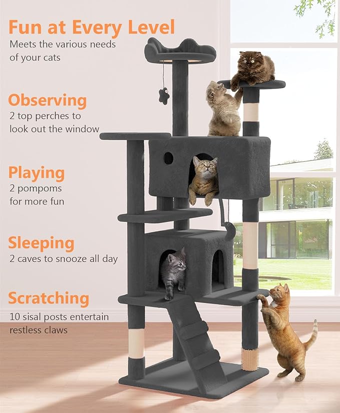 60" Cat Tree Tower for Indoor Cats Large Adult,Cute/Tall Modern Cat Tree for Big Cats 20 lbs, Plush Multi-Level Cat Condo with Scratching Posts,Dangling Ball (Smoky Gray, 60 inch)-PawvioPets