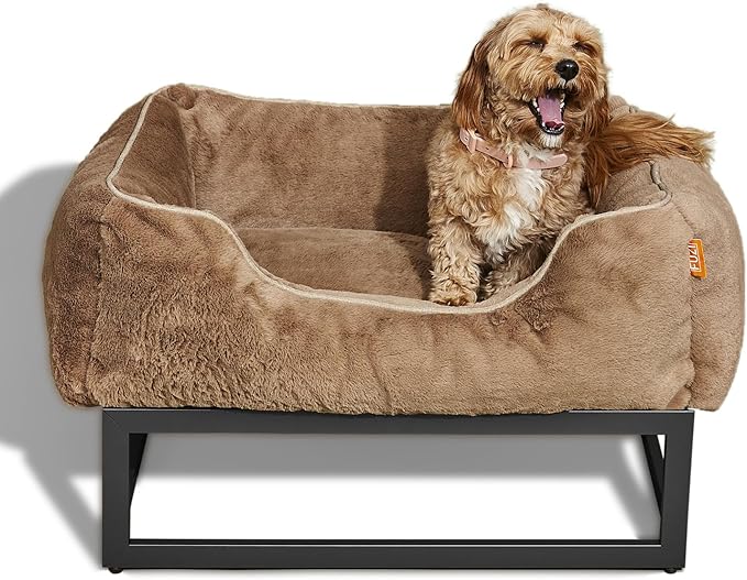 FUZI Luxury Aesthetic Dog Bed for Small Dogs with Washable Cover, Pet Couch, Pet Bed with Sides, Non-Slip Bottom, Soft and Durable Calming Dog Bed, Faux Rabbit Fur, Small 25.1x16.75x9.5 Light Brown-PawvioPets