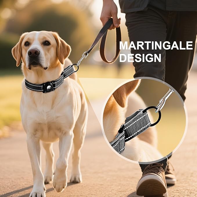 Airtag Dog Collar with Martingale Design, IP68 Waterproof Air Tag Collar Holder, Adjustable Reflective Soft Padded Nylon Dog Collar for Large Medium Small Dogs-PawvioPets