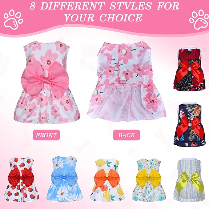 8 Pcs Summer Hawaiian Dog Dresses, Dog Bowknot Dresses Cute Hawaii Puppy Dress Soft Lightweight Clothes Princess Outfits Pet Skirts for Girl Dogs Beach Parties(Medium)-PawvioPets