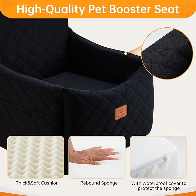 Dog Car Seats for Small Dogs, FurFrolic Memory Foam Dog Booster Seat for Small/Medium Dogs up to 35 lbs, Travel Pet Car Seat with Washable Detachable Cover, Storage Pockets, 2 Safety Belts (Black)-PawvioPets