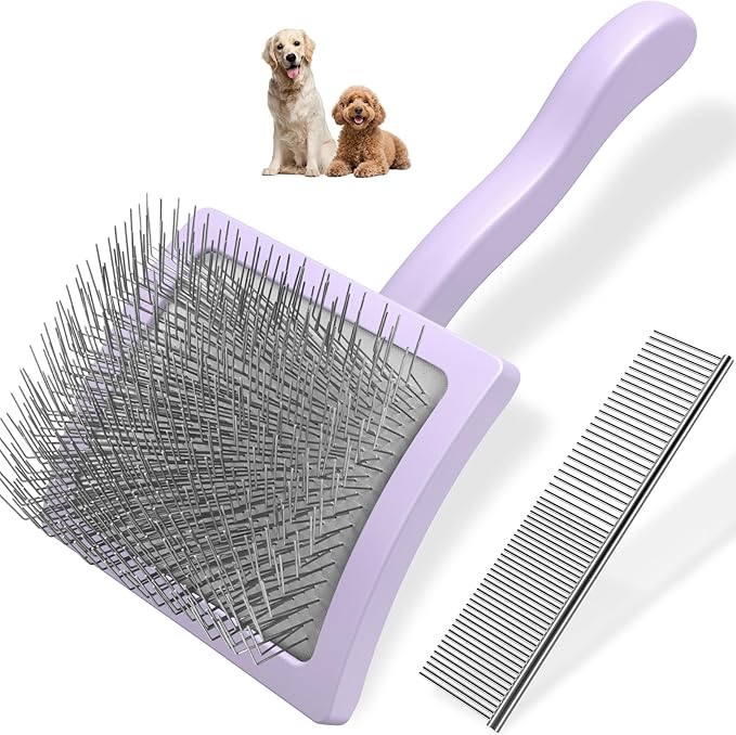 2PCS Slicker Brush for Dogs & Pet Comb,Professional Dog Grooming Brush (Goldendoodles,Poodles,Labradoodles) with Extra Long Pins to Effectively Remove Tangles, Knots and Mats (Light Purple)-PawvioPets