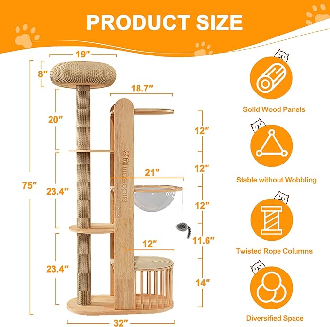 75 inch Cat Tree Tower for Indoor Cats Large Adult, Modern Big Cat Climbing Tower, Tall Cats Post, Corner Wood Cute Cat Condo with Sisal Scratching Posts-PawvioPets