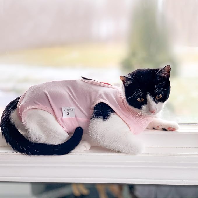 DOTON Cat Recovery Suit for Male and Female Surgical Post Surgery Soft Cone Onesie Shirt Clothes Neuter Licking Protective Diapers Outfit Cover Kitten Spay Collar(L, Pink)-PawvioPets
