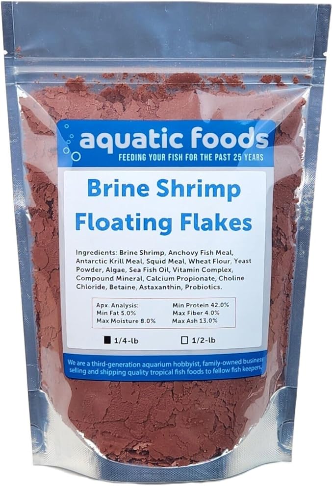 Aquatic Foods Inc. Brine Shrimp Flakes for Freshwater Cichlids, Angels, Tetras, Guppies, Marine Tangs, Butterflies, Angelfish, Anthias, Clown Fish. WL…1/4-lb Foil Pouch Bag-PawvioPets