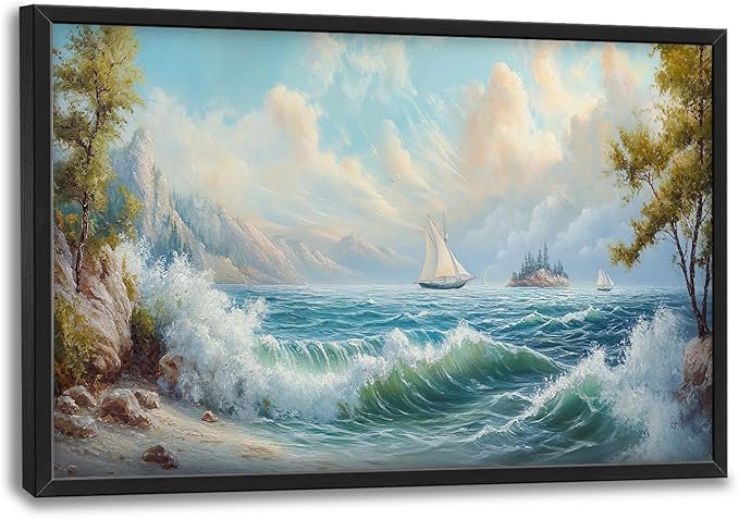 Framed Large Sailboat Wall Art for Living Room, Oversized Sea Coastal Wall Decor Beach Nautical Canvas Painting Seascape Pictures Home Decoration for Living Room Bedroom Office 36"x24"-PawvioPets
