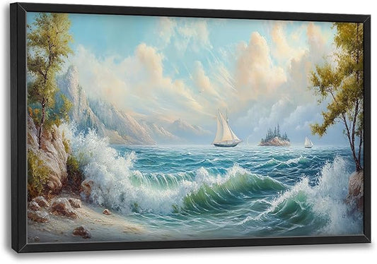 Framed Large Sailboat Wall Art for Living Room, Oversized Sea Coastal Wall Decor Beach Nautical Canvas Painting Seascape Pictures Home Decoration for Living Room Bedroom Office 36"x24"-PawvioPets