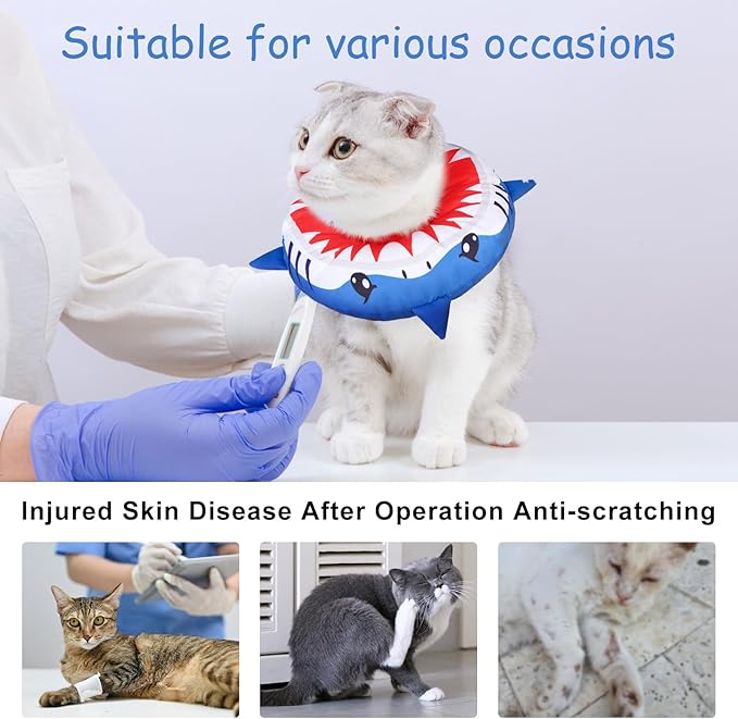 BEAUTYZOO Cat Cone Collars Soft, Cat Recovery E Collars After Surgery to Stop Licking, Adjustable Elizabeth Circle Collar Cute Pet Donut Pillow for Cats Kitten Small Dogs,Cute Shark M-PawvioPets
