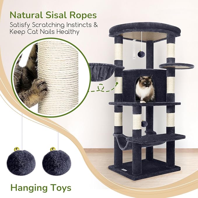 Globlazer Corner Cat Tree Tower for Indoor Cats, 51in Multi-Level Cat Condo Tower with Large Hammock, 7 Sisal Scratching Posts, Oversized Top Perch, Spacious Cat Cave, Hanging Basket, C51, Dark Grey-PawvioPets