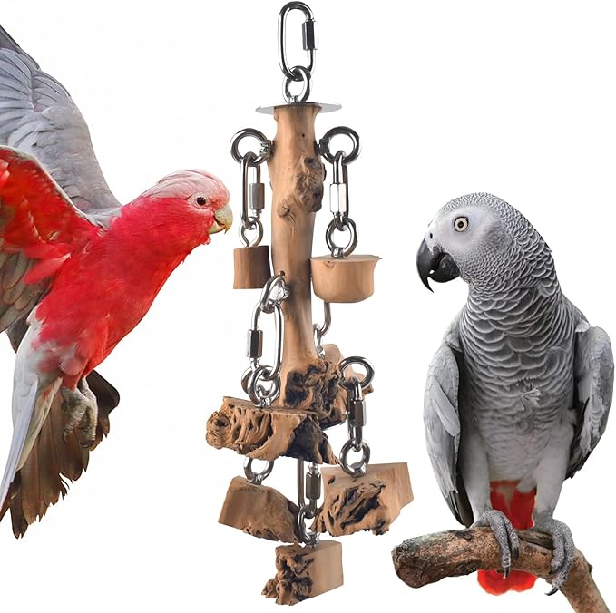 Bird Toys for Parrots, Durable Wooden Large Birds Toy with Stainless Steel, Hanging Natural Chew Hardwood Blocks for Macaws, African Greys, Amazon Parrot, Cockatoos and Small Medium Parakeets-PawvioPets