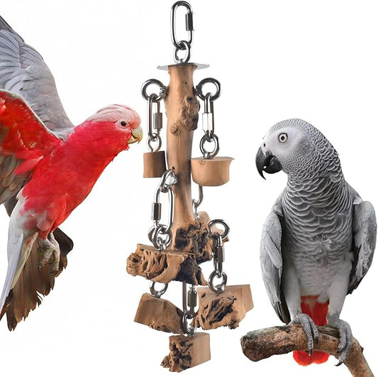 Bird Toys for Parrots, Durable Wooden Large Birds Toy with Stainless Steel, Hanging Natural Chew Hardwood Blocks for Macaws, African Greys, Amazon Parrot, Cockatoos and Small Medium Parakeets-PawvioPets