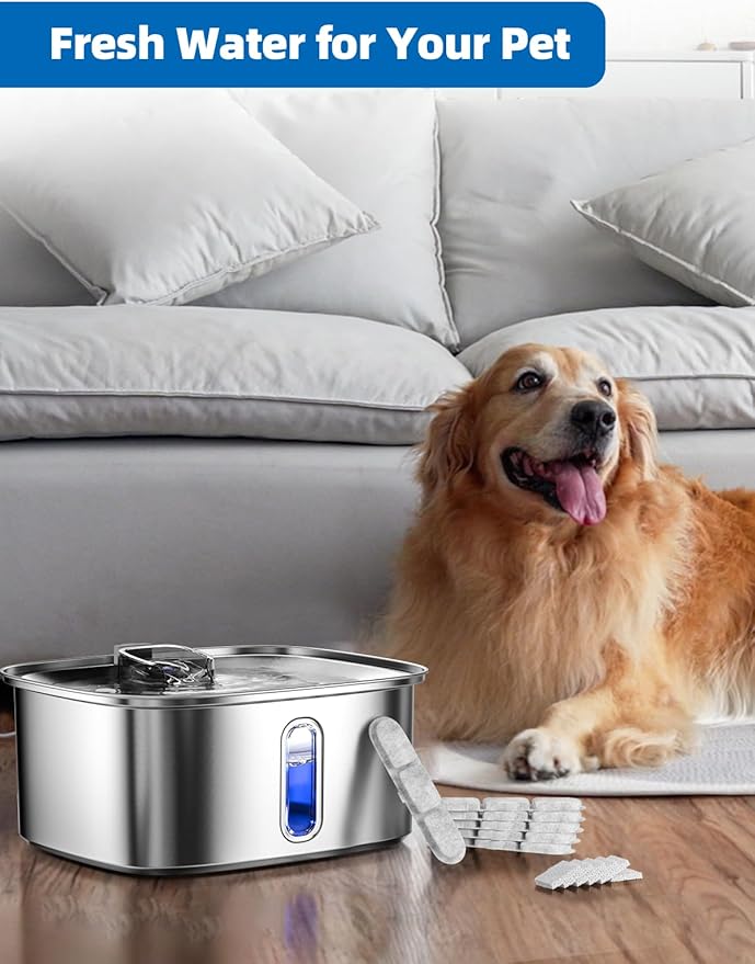 Dog Water Fountain for Large Dogs, 9L/2.4Gal Stainless Steel Dog Fountain with Visible Window & Filtration, Automatic Pet Water Bowl Dispenser Indoor, for All Dogs and Multi-Pet (Filters)-PawvioPets