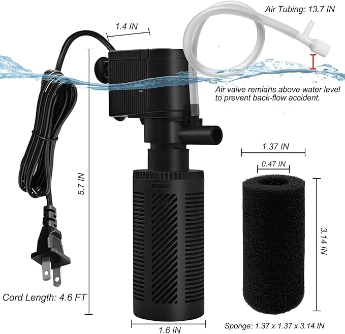 DOMICA Small Aquarium Filter with Aeration System 92GPH 5W Internal Filter for 3 to 10 Gallons Fish Tank, Submersible Fish Tank Filter with 4-pack Pre-filter Sponge-PawvioPets