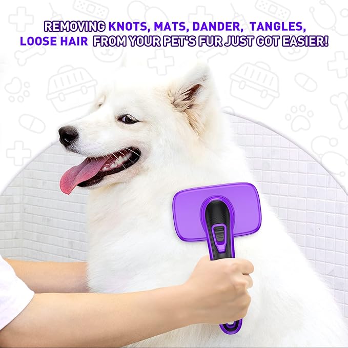 Dogs Cats Self Cleaning Slicker Brush for Shedding & Grooming Any Breed of Pets, Removes Loose, Undercoat, Mats, Tangled Hair for Small Medium Large Animal With Long Short Fur Length, Purple-PawvioPets